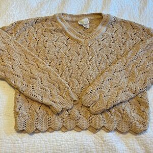 Vintage Moda 90s Cottagecore Sweater Tan Medium Open Knit Scallop V Neck Cotton